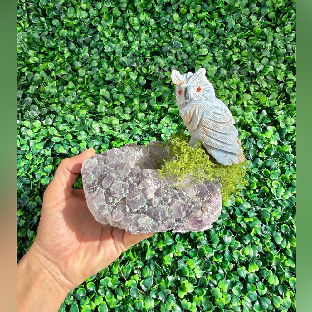 Angelite Owl carving on Amethyst Tea light holder